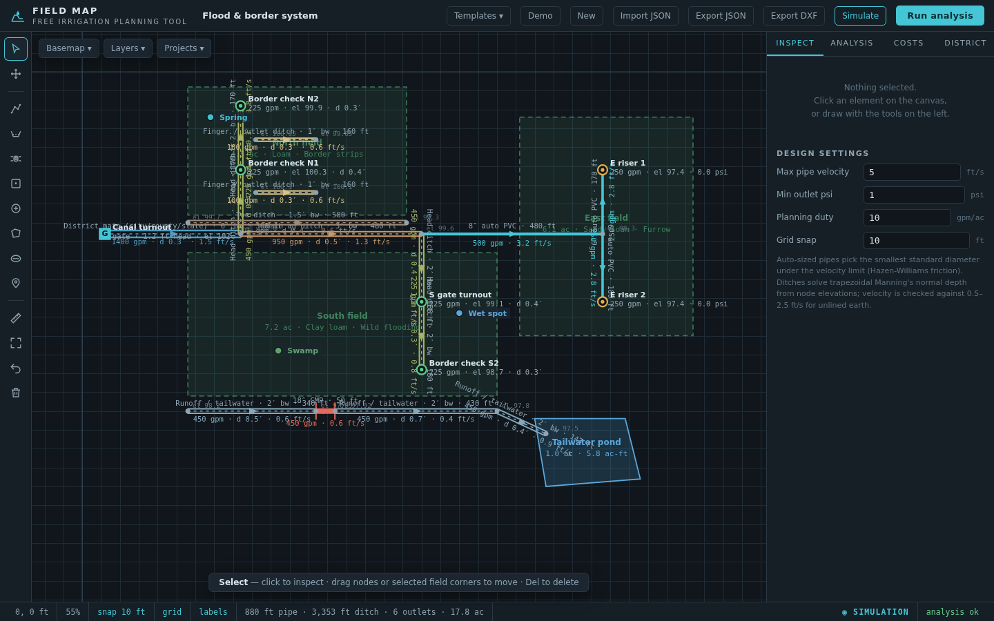 FieldFlowCAD CAD workspace showing mapped fields, ditches, pipes, headgates, risers, flow labels, pond, and analysis controls.